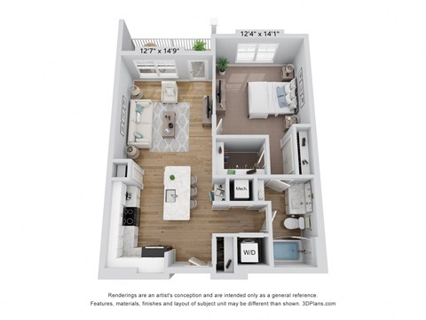Floor plan for 1 bed, 1 bath, 777 sqft